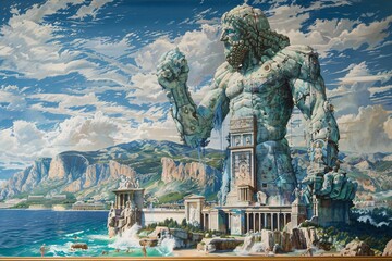 Obraz premium The Colossus of Rhodes, an ancient wonder standing majestically at the entrance of the harbor, symbolizes the glory of the island and its rich history. This towering statue, once one of the Seven Wond