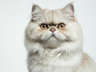 Fluffy cat portrait. Closeup portrait of a white Persian cat with piercing yellow eyes.