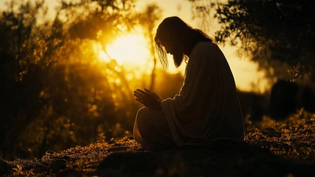 
Stunning silhouette of jesus in gethsemane, capturing a moment of deep prayer and reflection before the impending betrayal and crucifixion, evoking a sense of solemnity and spirituality.