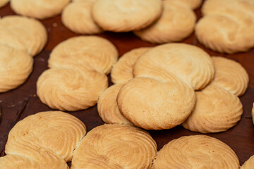 Biscuit production. Shortbread biscuits on the production floor.