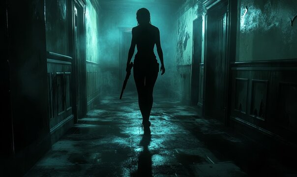 Silhouetted woman with gun in dark hallway.