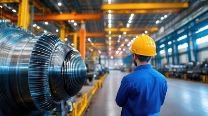 Fototapeta premium A worker in a helmet observes machinery in a modern industrial factory, showcasing advanced engineering and safety protocols.