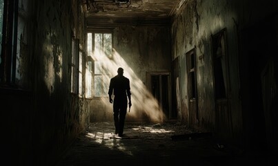Man walks through a dilapidated building.