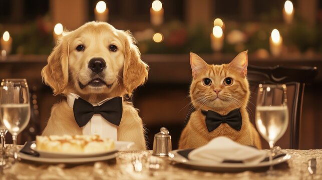 Dog and cat dinner. Golden retriever and orange tabby cat, both wearing bow ties, sitting at a dinner table with plates, glasses, and a candlelit background.