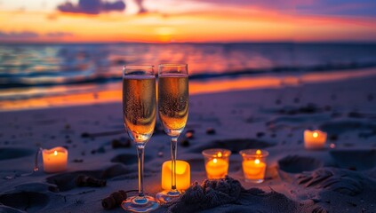 Create a romantic atmosphere with candlelit beach setting at sunset, perfect for couples seeking an intimate evening getaway by the serene ocean. Champagne flutes add to the picturesque scene