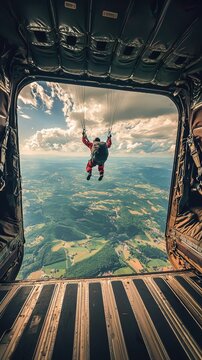 Parachutist Jumping from a Plane in Scenic Landscape