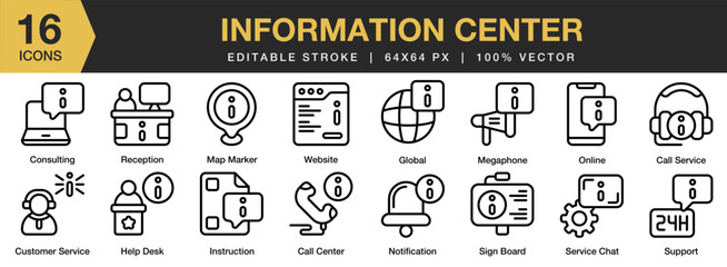 Information Center icon set. Editable Stroke Icon Collection. Includes call center, call service, consulting, customer service, global, and More. Outline icons vector collection.