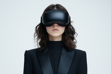 European woman in a black suit wearing a VR headset, against a white background.
