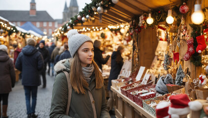 Obraz premium A young woman shopping at a Christmas market browsing through festive stalls.