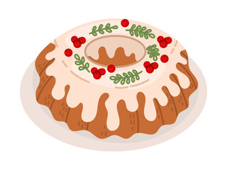 Large Christmas cake with cream and winter berries on a plate. New Year's dish, color illustration