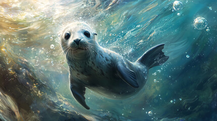 Fototapeta premium Charming seal swims gracefully beneath the waves captivating oceanic beauty and playfulness in its natural habitat