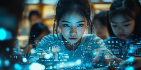 A photograph of an Asian female teacher and students learning to code in the classroom, with a double exposure effect featuring digital data streams and a coding interface screen.