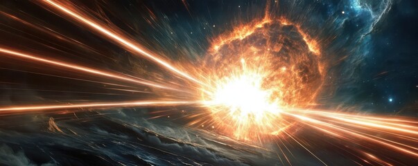 An intense, cosmic light explosion with long streaks of light and bright flares, set against a dark and dramatic scene