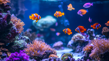 Obraz premium Explore the vibrant underwater world a stunning display of colorful clownfish swimming among coral reefs in a tropical aquarium