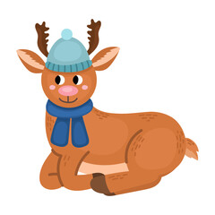 A cute Christmas deer in a kawaii winter suit. This adorable character with big eyes and a cozy scarf is perfect for creating a festive mood. 
