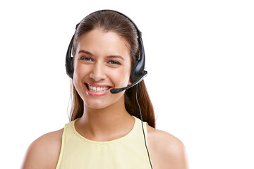 Happy woman, portrait or call center with headphones for telemarketing in studio on a white background. Young, female person or consultant with smile for customer service, online assistance or advice