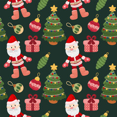 Seamless New Year pattern with Christmas mood and Santa Claus, Christmas tree, New Year toy, gift, flat style. Bright design for packaging, textiles and other products. Illustration