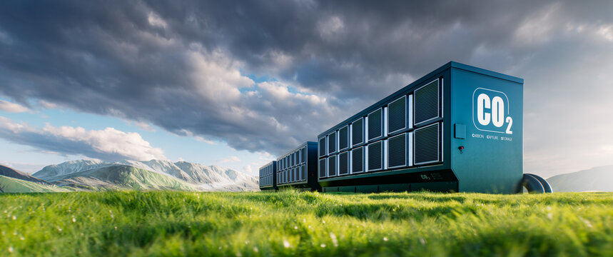3D rendering of a modern carbon capture unit in nature, showcasing eco-friendly technology aimed at reducing CO2 and combating climate change.