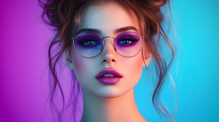Fototapeta premium Portrait of a young woman with bold purple makeup and glasses