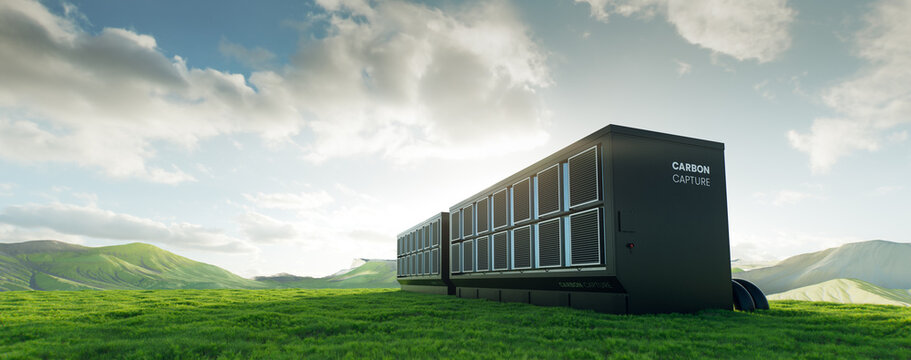 High-tech carbon capture device set in a lush field, symbolizing the fusion of nature and technology for a sustainable, carbon-neutral future.
