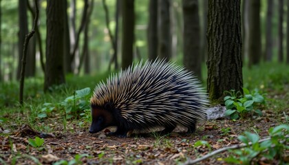 Naklejka premium Porcupine Walking in a Dense Forest
