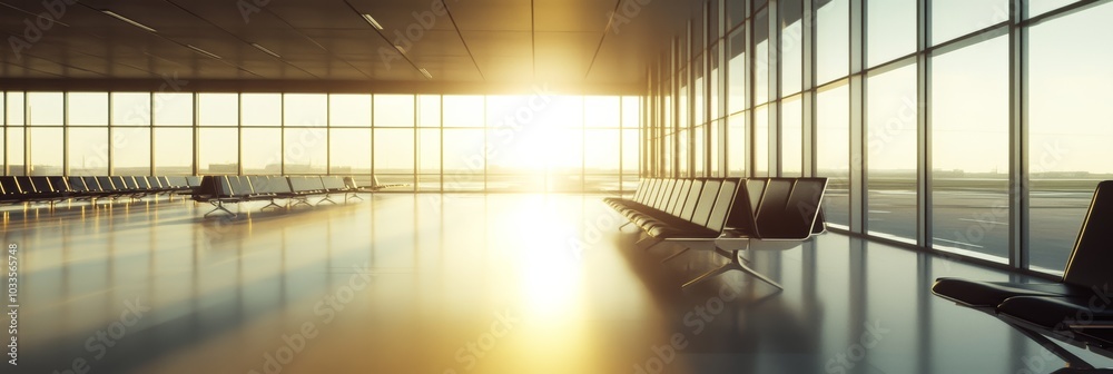 Poster Golden light is illuminating an empty airport terminal waiting area with rows of seats and large windows looking out onto the runway