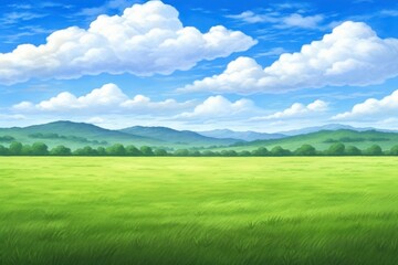 Fototapeta premium Green field and blue sky grassland landscape outdoors.