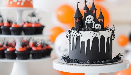 A creepy yet elegant dessert buffet with candy spiders, skeleton gingerbread cookies, and a haunted castle cake centerpiece.