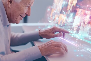 Elderly Man Using Futuristic Digital Interface for Video Calls and Social Interaction