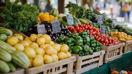 Outdoor Market with Fresh Fruits and Vegetables Produce on Display