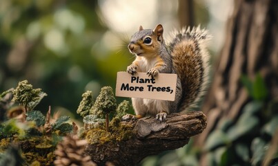 Obraz premium Squirrel holds sign: Plant more trees.