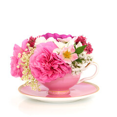 Tea cup flower abstract on white background. Summer flowers surreal arrangement for natural herbal medicine tea. Stress anxiety relieving flora.