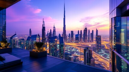 Obraz premium Cityscape Scene Showcasing Rooftop Terrace Overlooking City Skyline