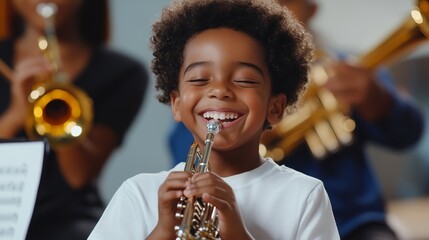 Young boy joyfully playing the trumpet during a lively music practice session with classmates in a bright indoor space