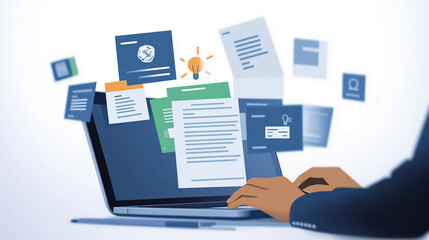 Business Process Workflow Efficiency: Individual on Laptop Achieving Paperless Online Approval for Document Management, Illustrating Management Approval and Project Approvals