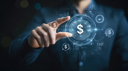 Virtual Time Management: Businessman Touching Clock and Dollar Symbol for Optimized Work Planning and Profit