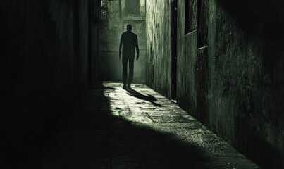 Silhouette of a man walking in a dark alley.