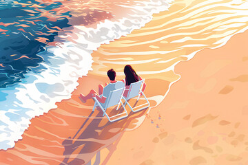 Obraz premium 砂浜のビーチチェアで寛ぐカップル