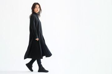 黒い服装で歩く若い女性