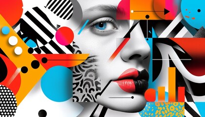 A graphic design featuring an abstract mix of patterns, arrows, and a black-and-white face, blending retro and modern styles.