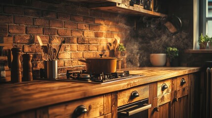 Cozy Rustic Kitchen with Wooden Cabinets and Brick Walls