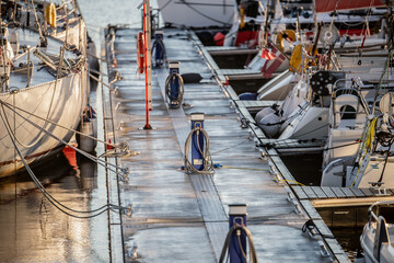 Yacht docks in marina harbor in Riga, Latvia