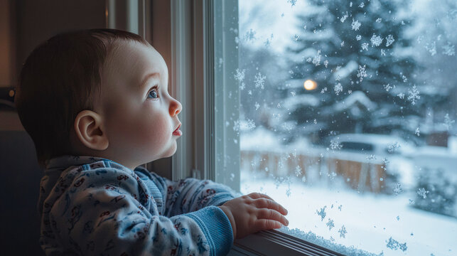Baby looking outside snowstorm from a window at home - Winter day - Model by AI generative