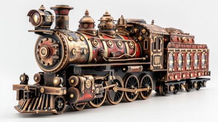 Obraz premium Intricately Detailed Ornate Vintage Steampunk Style Steam Locomotive Train Engine with Brass Copper and Steel Mechanical Components and Decorative Elements
