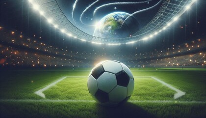 Obraz premium Soccer football on green grass field with football goal and white net, soccer ball on green grass field, in soccer stadium.