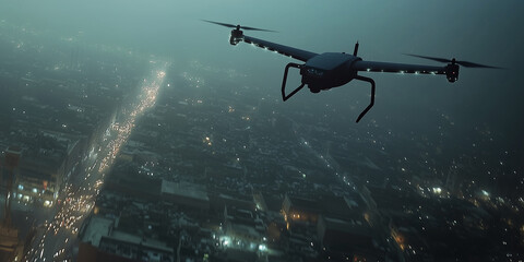 Naklejka premium A drone flying low at night with flashing lights performing reconnaissance, capturing clear ground scenery in the darkness, showcasing advanced aerial surveillance technology.