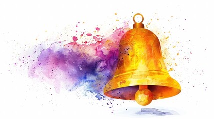 Vibrant watercolor painting of a golden Christmas bell with traditional holiday like red and gold ornaments tinsel and splashes of colorful paint in a festive abstract style