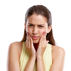 Studio, portrait and woman with hands for toothache, dental decay and inflammation for infection....