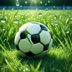 Naklejka premium Soccer football on green grass field with football goal and white net, soccer ball on green grass field, in soccer stadium.