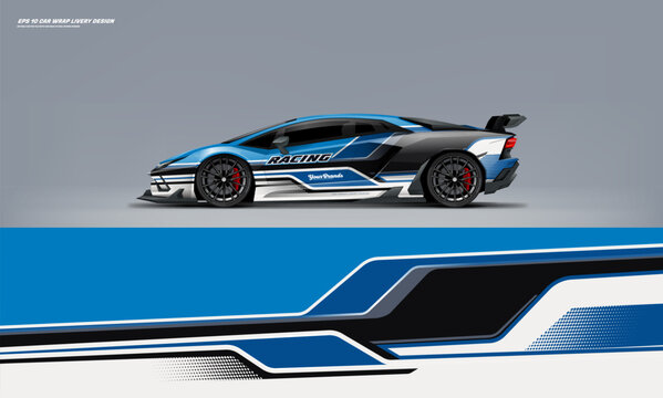 Sport racing supercar wrap livery design blue color combination for universal medium vector eps10 ready to print printable file